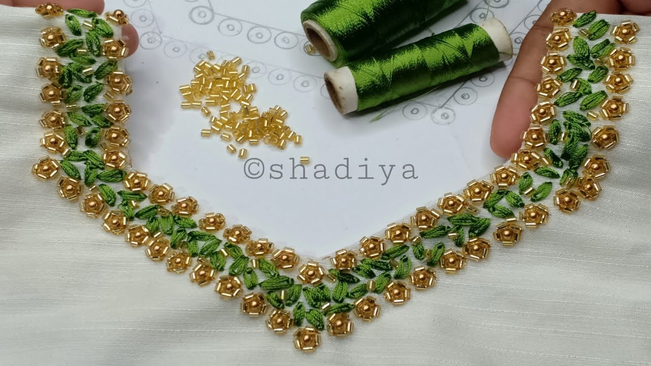 Super easy beadwork and silk thread embroidery for neck|beads and lazy Daisy stitch amazing neck