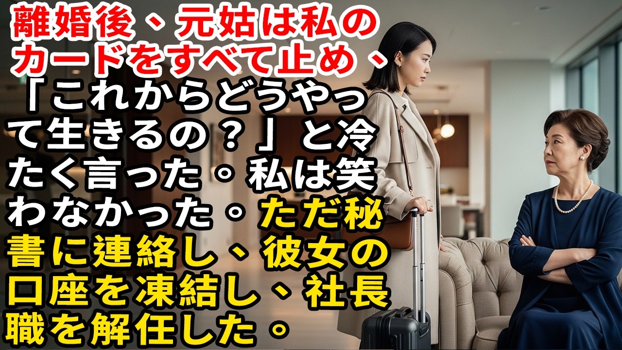 離婚後、元姑は私のカードをすべて止め、「これからどうやって生きるの？」と冷たく言った。私は笑わなかった。ただ秘書に連絡し、彼女の口座を凍結し、社長職を解任した。【静かな復讐】【家族の裏切り】