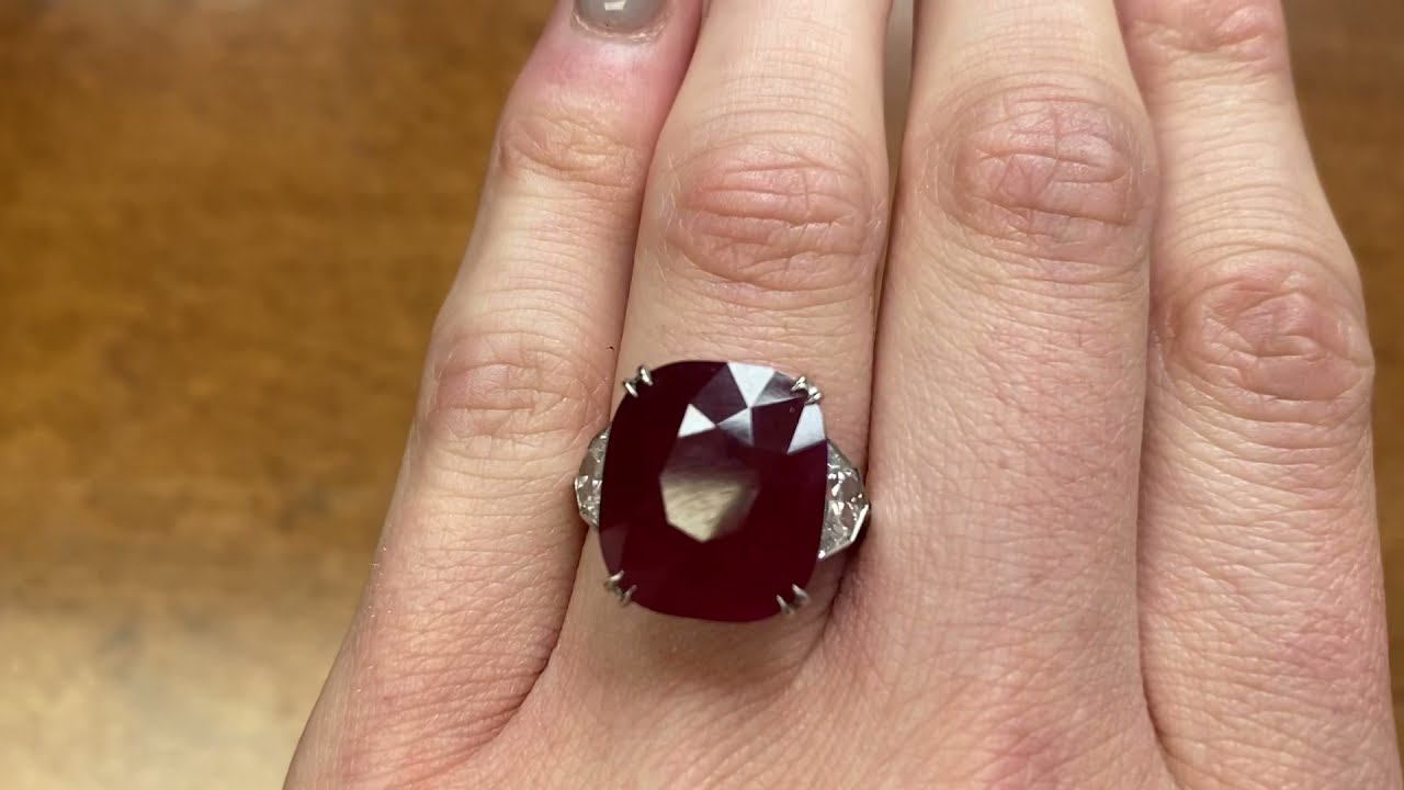 12.98ct Rare Natural Cushion Cut Ruby and Diamond Ring - Hillcrest Ring - Hand Video