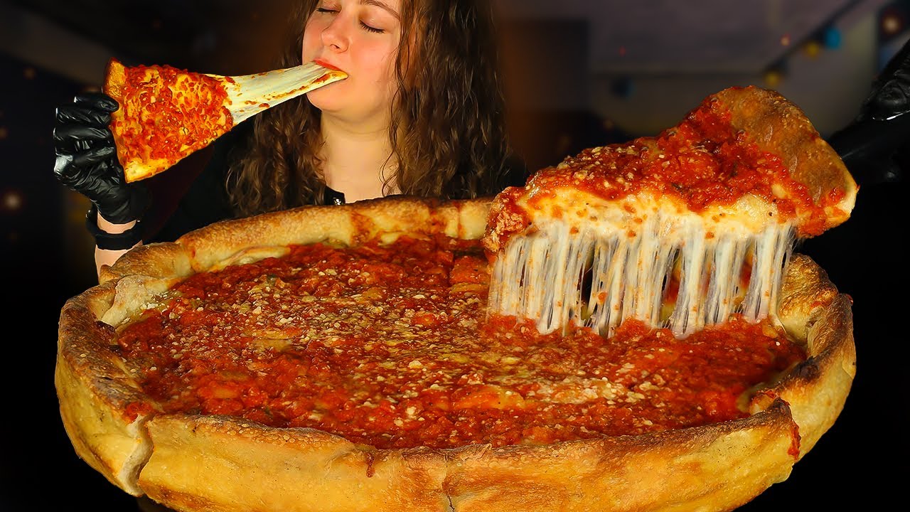 ASMR * EXTRA CHEESY CHICAGO DEEP DISH PIZZA WITH MEATBALLS * MUKBANG * بيتزا جبنة اضافية