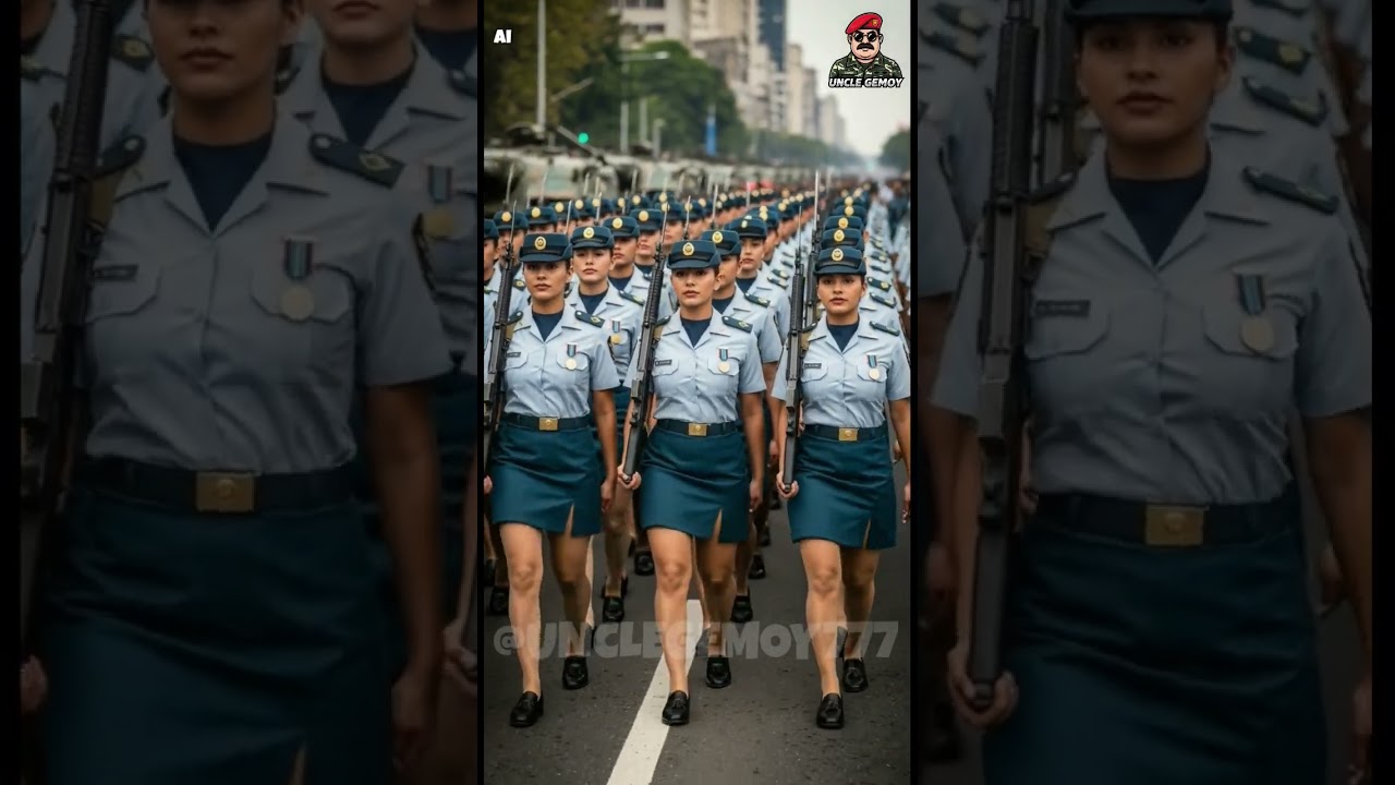 Slate Grey Precision: Stunning Female Soldiers Marching with Modern Military Sharpness