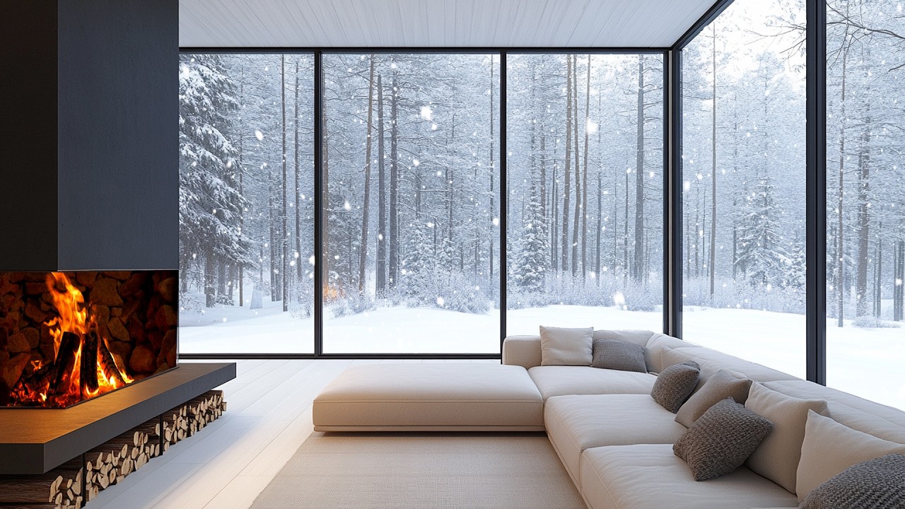 Calm Winter Piano Retreat | Snow Falling Beyond the Windows & Warm Fireplace Glow | Deep Focus Study