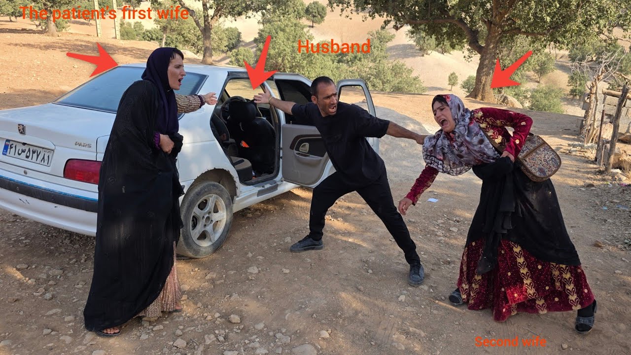  husband and second wife of  sick first wife go to court and the husband is angry with  second wife.