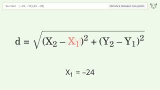 Find the distance between two points p1 (-24,-78) and p2 (28,-97): Step-by-Step Video Solution
