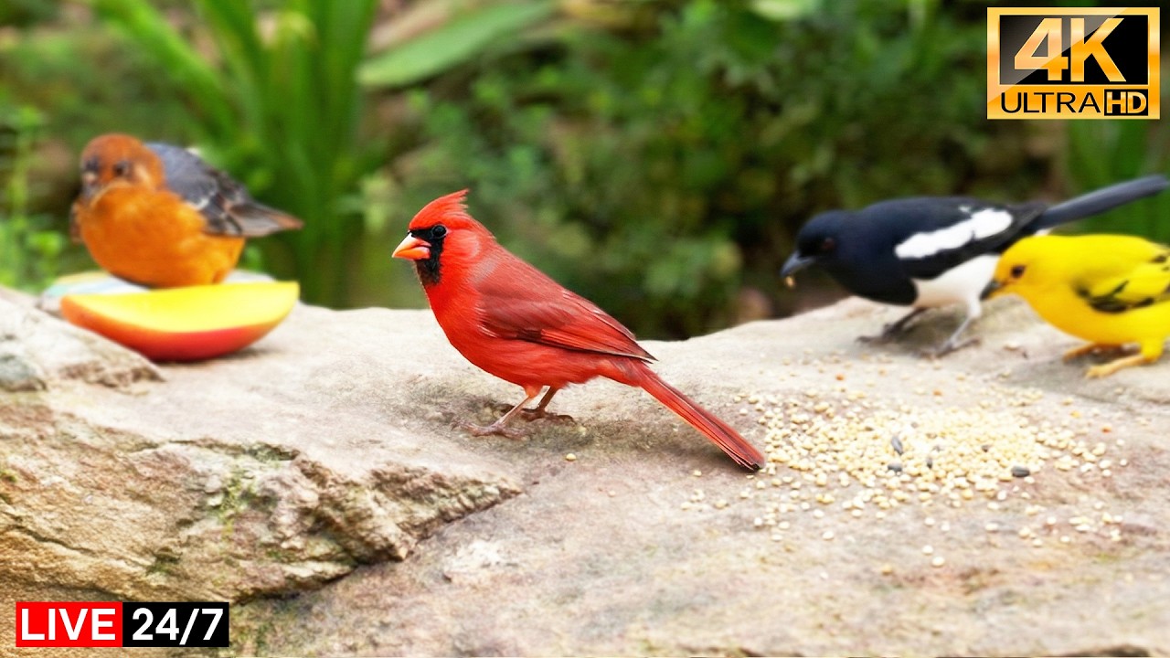 🔴 Cat TV 24/7 😺 Close Up Birds Pecking Fruit Non Stop Motion