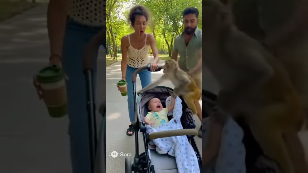 Monkey Tries to Steal baby off of a stroller!  