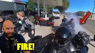 Motorcycle Catches Fire at a Gas Station!
