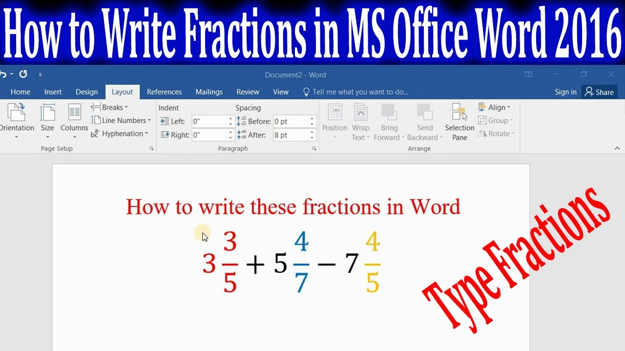 How To Write Fraction In MS Word 2016 Fractions In MS Office Word 