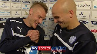 Jamie Vardy & Esteban Cambiasso after Leicester's incredible 5-3 victory over Manchester United