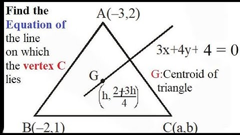 A(-3,2) ,B(-2,1),C(a,b) vertices of triangl3,centroid (h, (2+3h)/4) lies on  3x + 4y + 24= 0