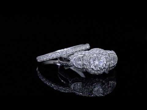 Natural Round Cut & Half Moon Micro Pave Split Shank Diamond Engagement Ring & Pave band Set (RD107)