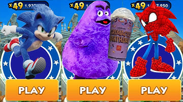 Sonic Dash vs Spiderhog Sonic Run vs Grimace Shake Meme Run - Movie Sonic vs All Bosses Zazz Eggman