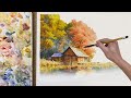 House on autumn lake  watercolor scenery painting