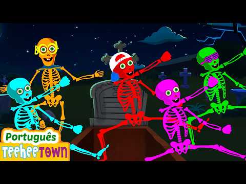 Cinco esqueletos dançando sobre o túmulo | Nova Canção Assustadora de Esqueleto | HooplaKidz Brasil