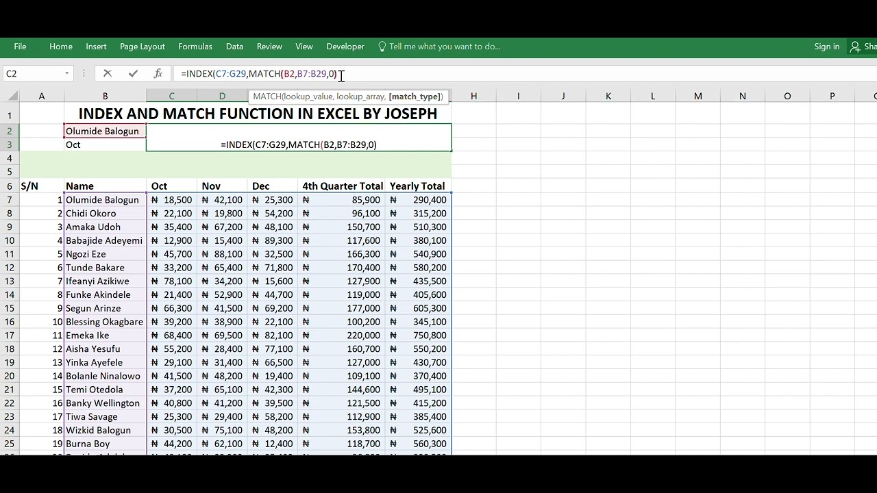 INDEX AND MATCH FUNCTION IN EXCEL