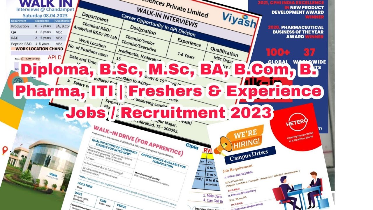 Diploma, B.Sc, M.Sc, BA, B.Com, B. Pharma, ITI | Freshers & Experience Jobs / Recruitment 2023