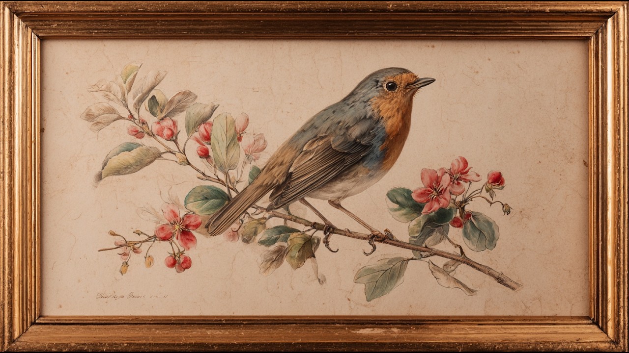 Vintage Robin Bird Illustration | Antique Natural History Framed Art for TV, iPad & Screensaver