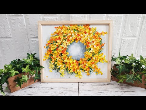 油絵 絵画 【ミモザリース】 絵画 花 ミモザのリース 「つなぐ、つむぐ」 癒し 黄色 幸せ