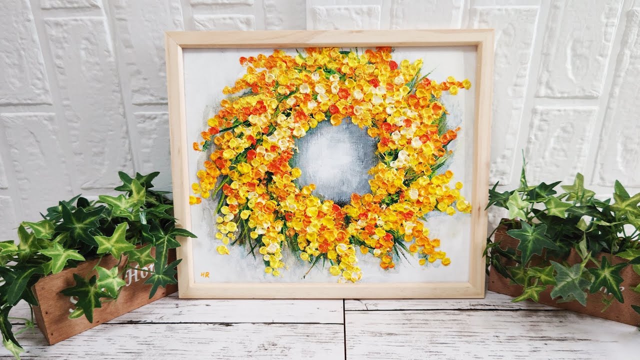 油絵 絵画 ミモザリース【四切木製】