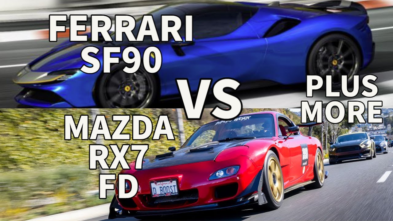Turbo FD RX7 goes 3 wide with C8s plus Ferrari SF90 race! - YouTube