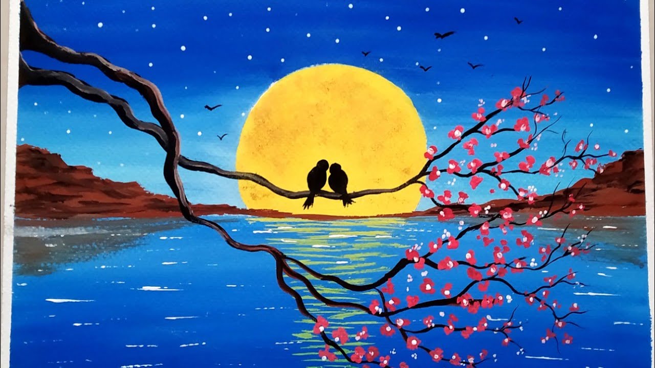 Easy Love Birds Poster Color Painting Beginners/How to draw Lovebirds in a Moonlight Poster Painting