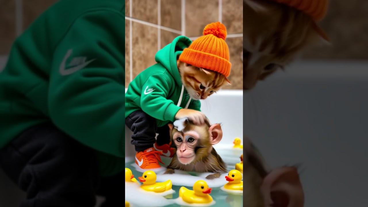 Kitten bathes a monkey from Africa: "Sit up straight! Have you never taken a bath?!"