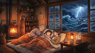 Midnight Ocean Storm ⛈️ Woodstove Steaming Buns & Hot Tea | Ghibli-Style ASMR