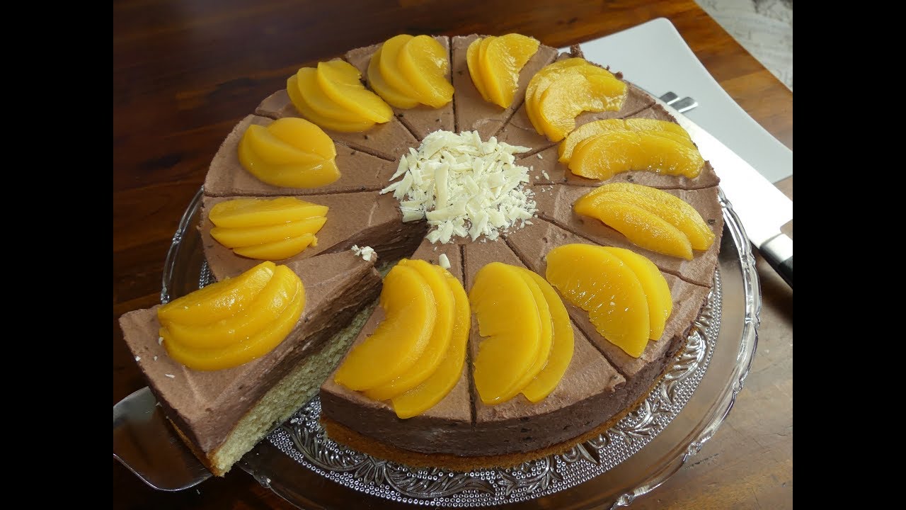 Saftige Pfirsich Schoko Schnitten auf leckerem Boden/ leckere Torte ...