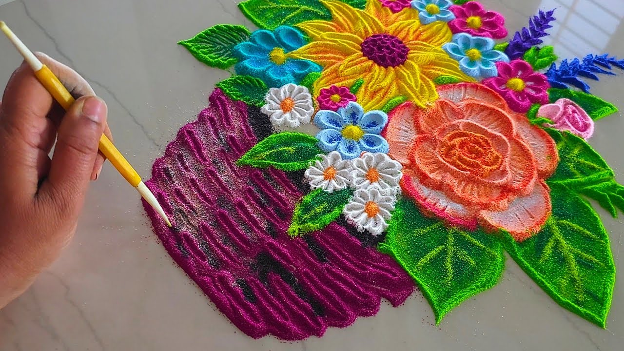 Easy Flower pot Rangoli Designs || Flower bouquet Rangoli designs || Satisfying Video