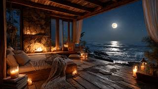 Night Ocean Waves with Soft Bonfire | Cozy Beach Sounds for Deep Rest