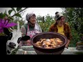 We cooked walnutly meat in a pottery bowl in the Village