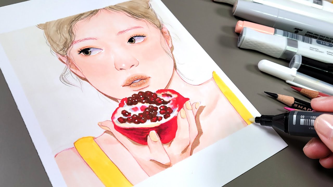 마카펜으로 인물화 그리기/marker pen coloring process