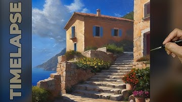 Mediterranean Abode Dreamscape Oil Painting | Timelapse of a Vibrant Landscape