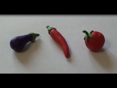Овощи из пластилина. Помидор, перец и баклажан.