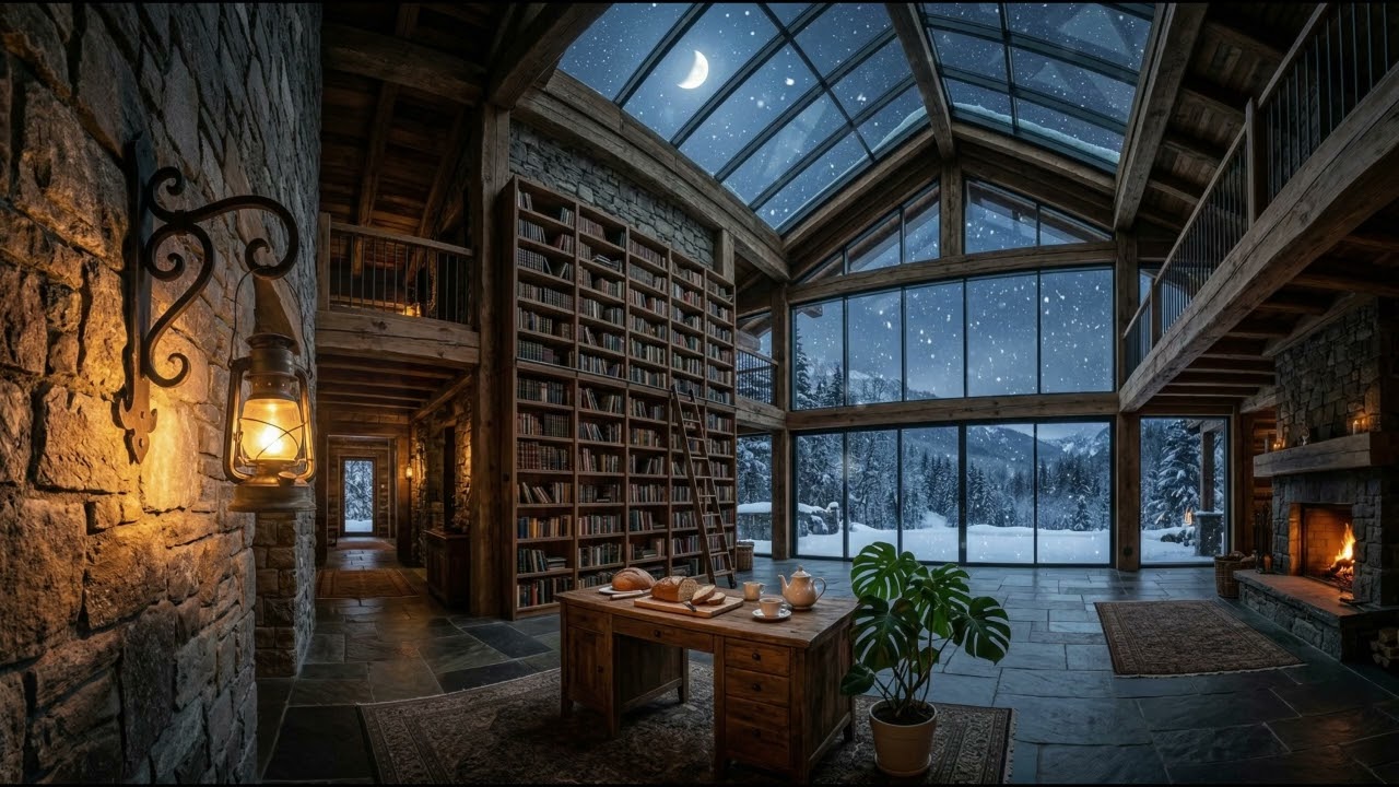 Silent Winter Cabin – Warm Lantern Glow, Moonlit Snow & Deep Sleep Calm