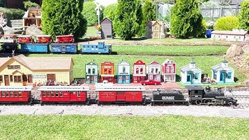 Garden Railway, G scale, outdoor layout, nine trains running.