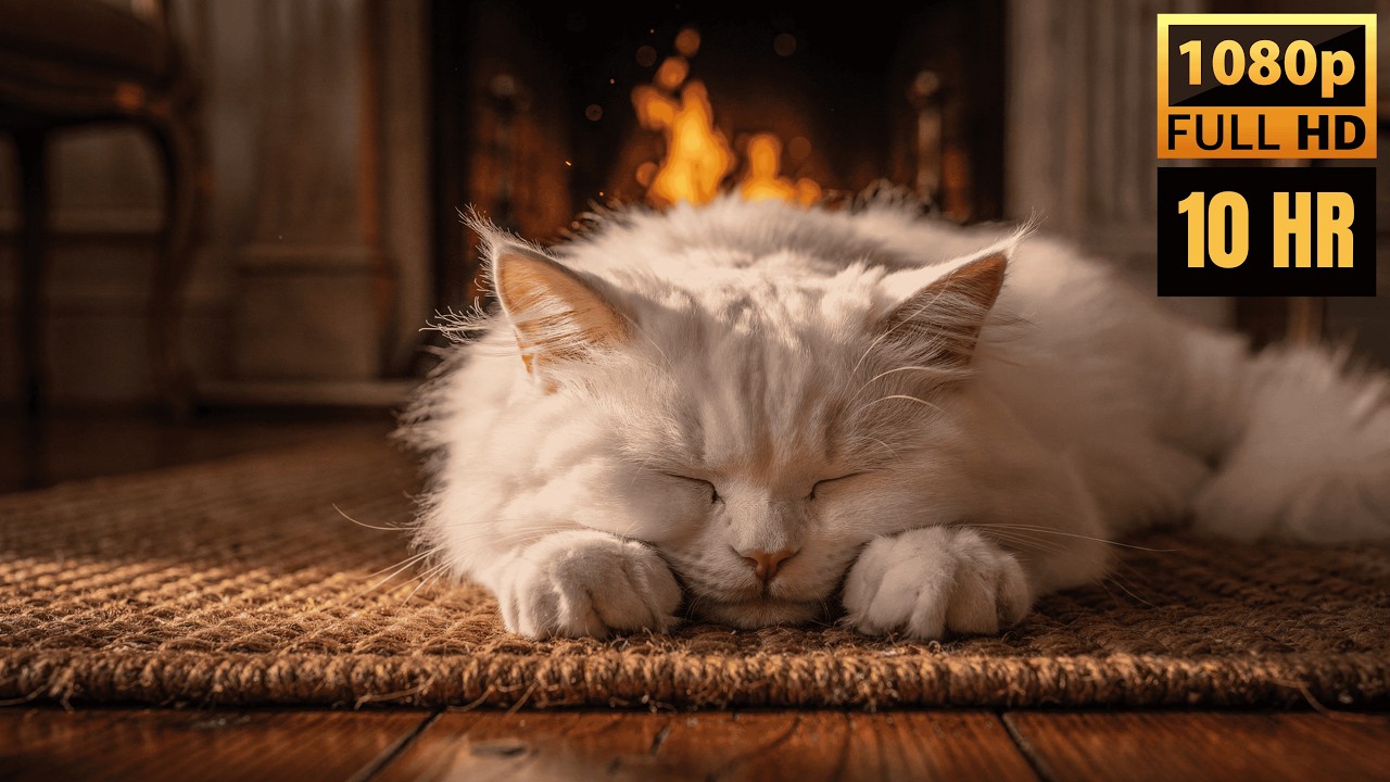 Cat Purring in Cozy Shelter | 10 Hours Fireplace Sleep