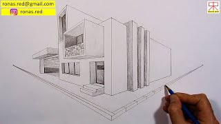 İki Noktalı Perspektif - Modern Ev Çizimi. Two-point perspective - Modern House Drawing