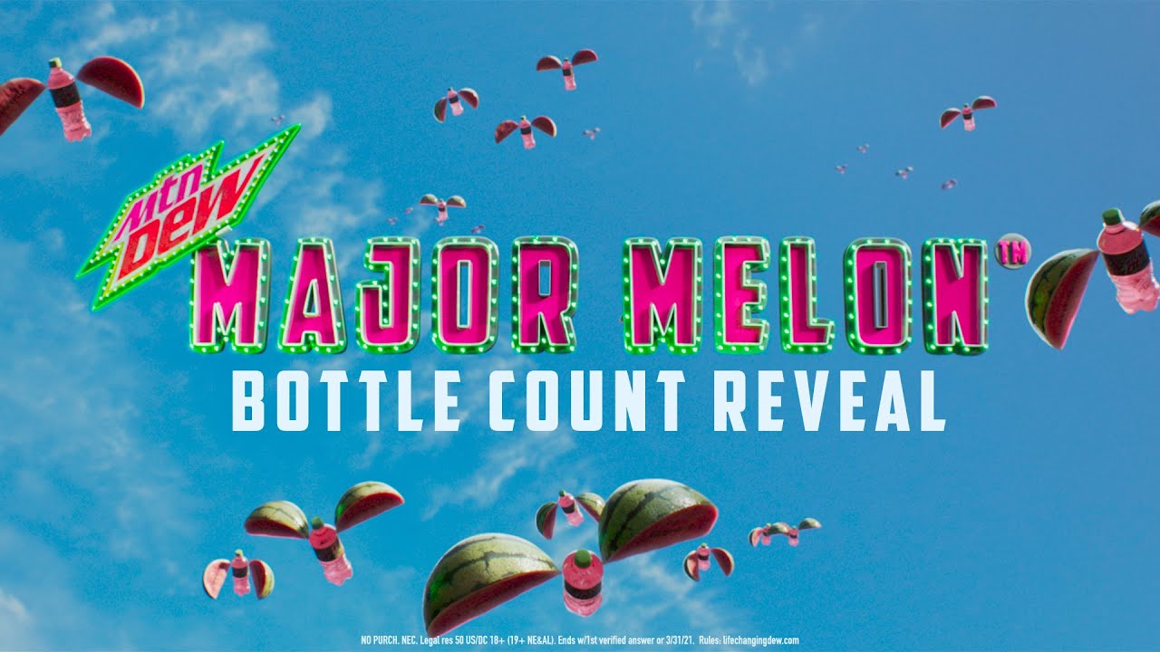 MTN DEW MAJOR MELON| Super Bowl Bottle Count Reveal - It’s the official MTN DEW MAJOR MELON Bottle Count… bottle count. Take a look to see which ones you missed. 

Pink means new bottles, green means repeats.

Full