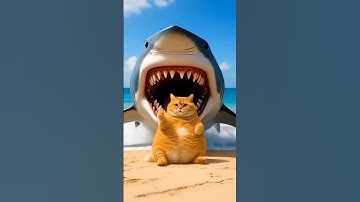 Orange cat fight with a shark. Ai cartoon orange fat cat funny video