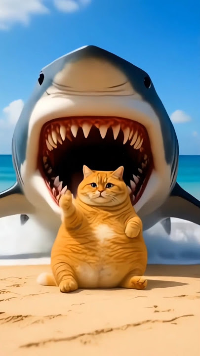 Kucing oranye berkelahi dengan hiu. Video lucu kucing gemuk oranye kartun AI