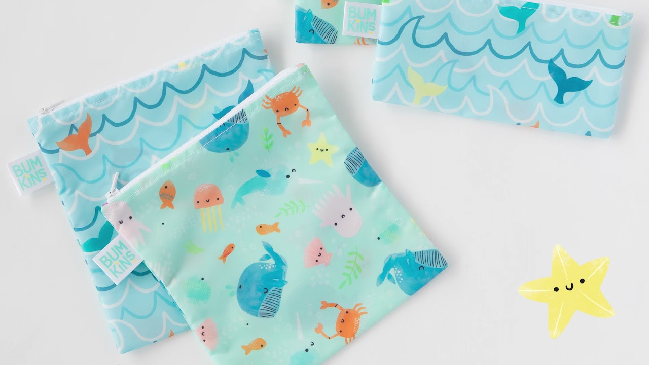 Bumkins Reusable Snack Bags Large Ocean Life & Whale Tail