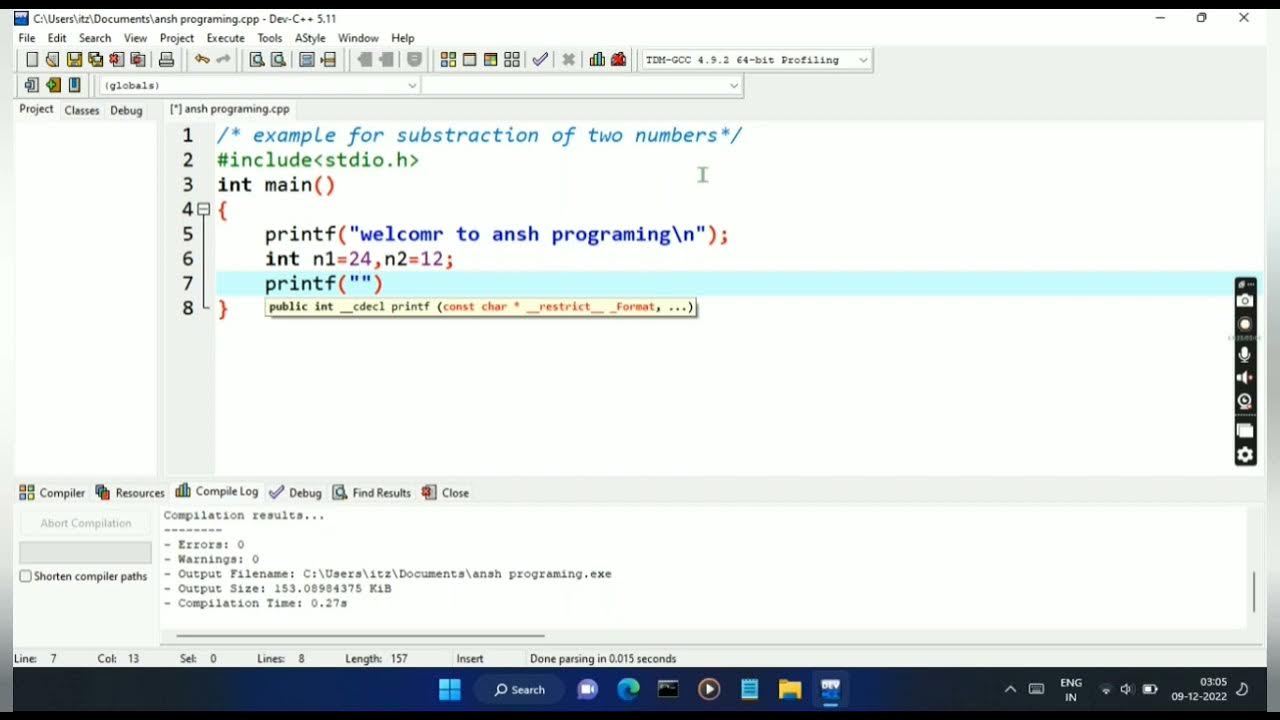 Basic Codes For C-Programing (substraction program) #ansh programing #4 ...