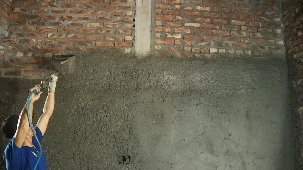 Rendering a Wall From Sand and Cement - Working With Grouting Machine ...