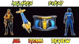 McLAREN EVENT ALL ITEMS REVIEW😇FREEFIRE INDIA💕BAAZIGAR_FF