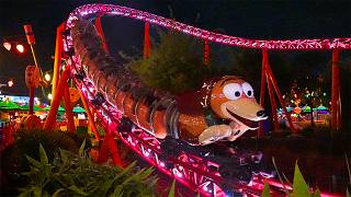 Slinky Dog Dash at Night - Toy Story Roller Coaster at Disney's Hollywood Studios [4K POV]