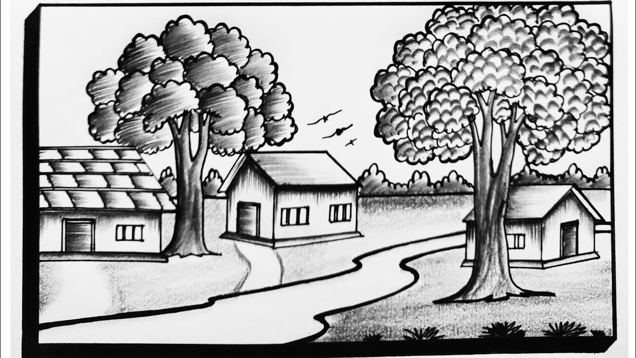 Simple Scenery Drawing||Easy Village Scenery Drawing||Beautiful Village Nature Drawing For Beginners