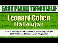 LEONARD COHEN - Hallelujah - easy solo piano sheet music with fingerings