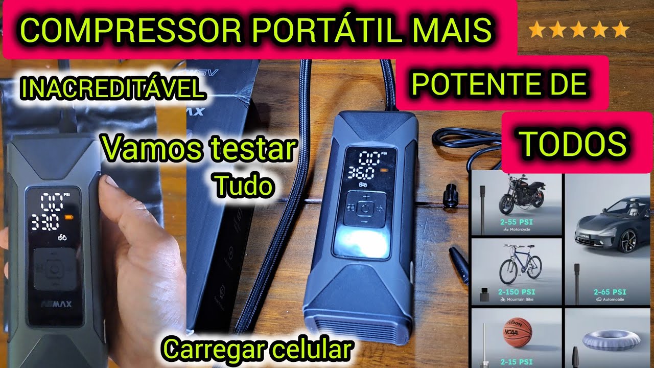 COMPRESSOR DE AR PORTÁTIL PARA PNEUS  DE BICICLETAS,CARROS ,MOTOS,BOLAS,..VALE A PENA ?TESTE 