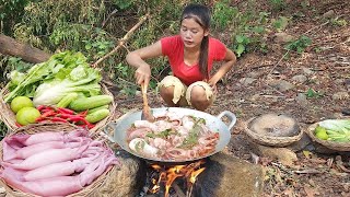 Squid salad with hot chili cooking so delicious food for dinner - Survival cooking in forest